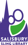 cartoon purple cathedral with adult and child wrapped in green strip. Text reads Salisbury Sling Library
