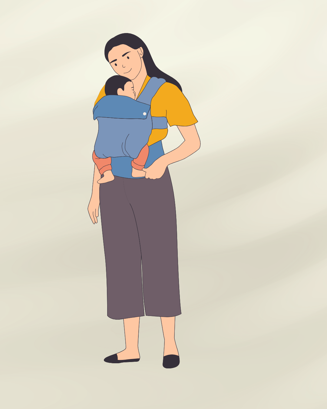 mum in trousers with baby in blue carrier on her front